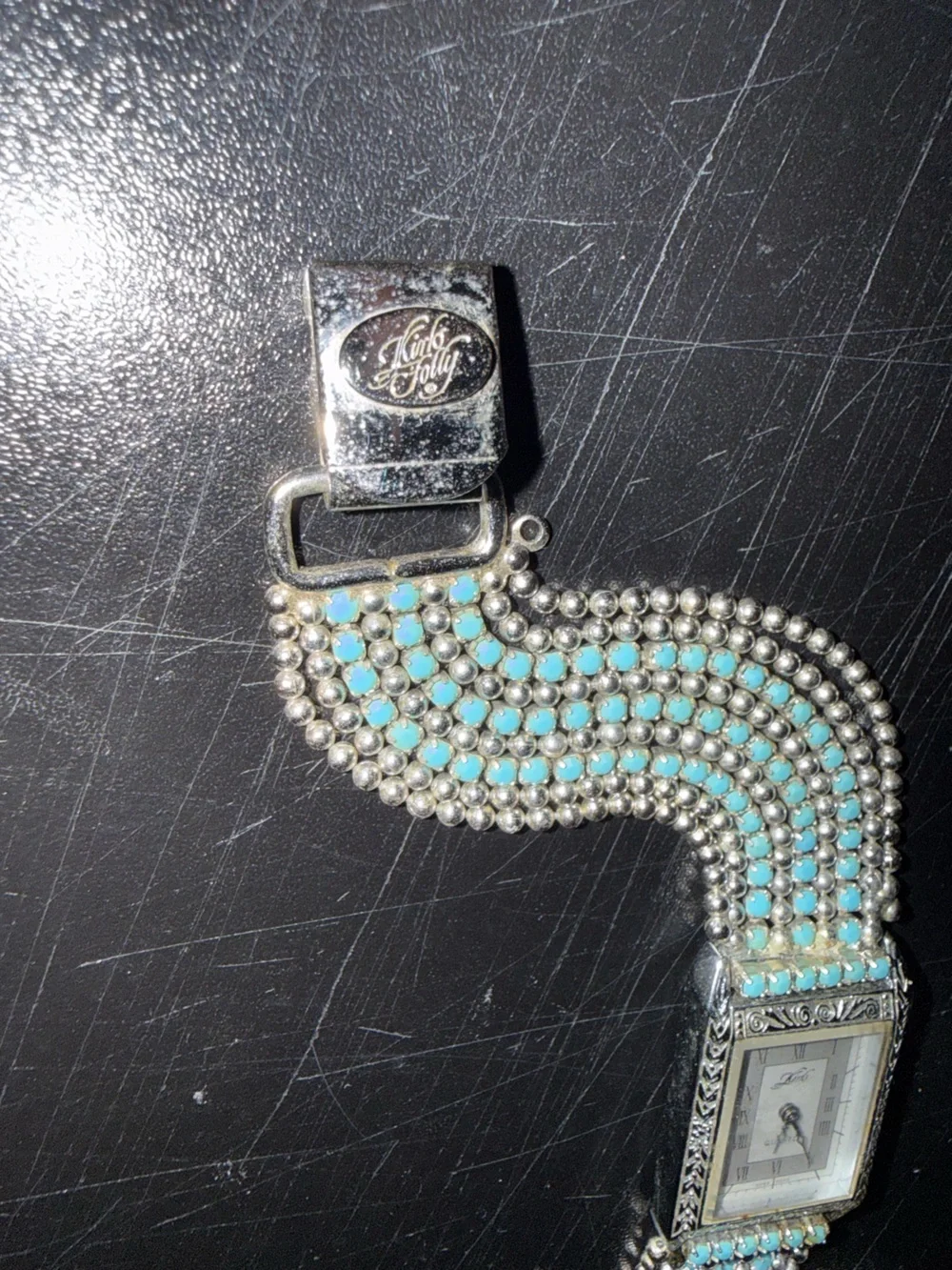 Vintage Kirks Folly Silver Watch with Turquoise Beaded Strap